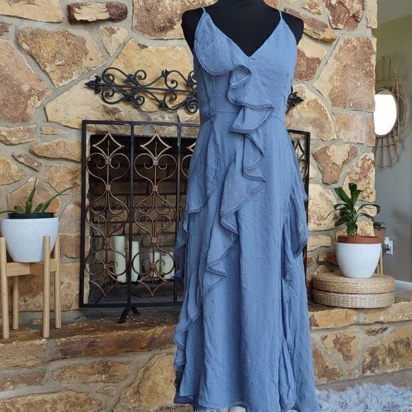 Keepsake Hideaway Blue Hydrangea Ruffled‎ Midi Dress Sz L - Picture 1 of 16